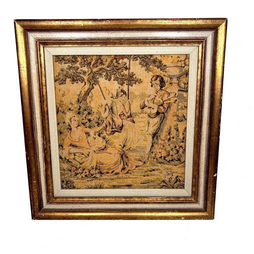 Vintage French Rococo Style Framed Tapestry Wall Art Pastoral Garden Scene 12x13